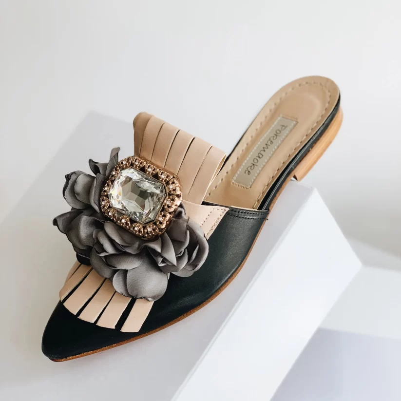 Floral Splendor & Diamond Radiance - Women's Black Flower and Diamond Shoes