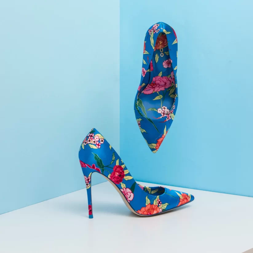Blossom & Azure Elegance - Women's Flower and Blue High Heel Shoes